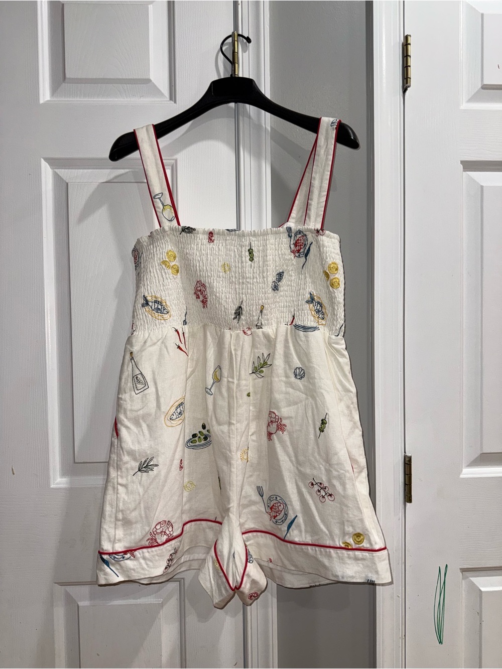 Caroline Constas Cream Printed Tie-Front Romper with Red Piping - Picture 3 of 4